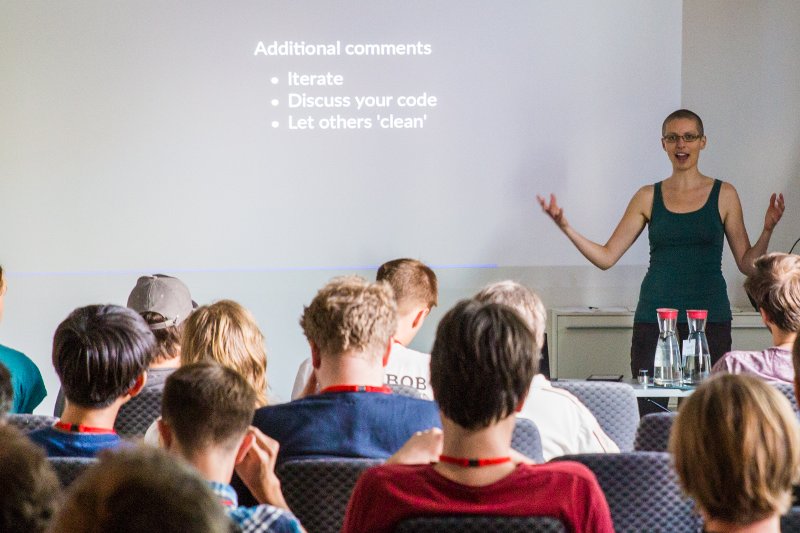 Christina Zeller giving a talk at BOBKonf 2019 on mobile Haskell and code maintenance.
